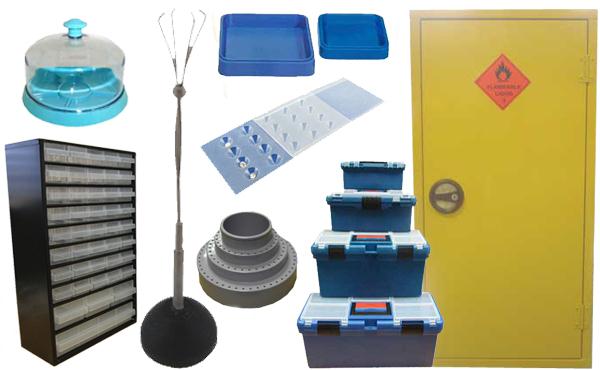 Boxes, Containers, Jugs, Funnels, Stands and Trays