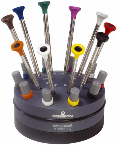 Screwdriver Set - Bergeon 10 Piece on Revolving Stand - Ergonomic in Stainless Steel