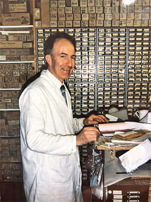 Ted (circa 1980) working at Henri Picard & Frere Ltd in the late 1950's, selecting watch spare parts